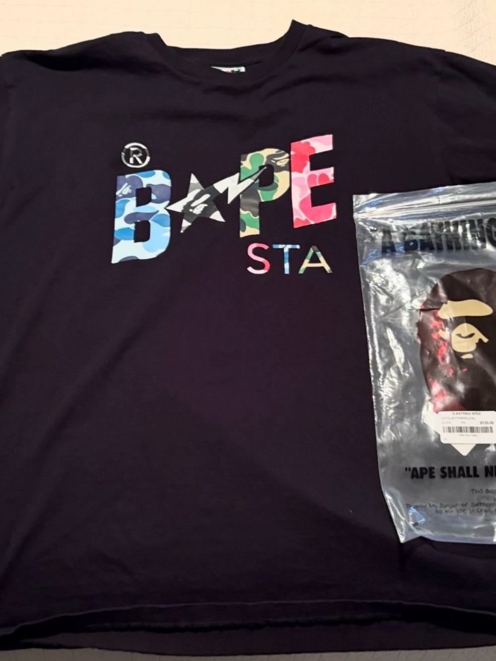Bape Black T-Shirt with Multicolor Camouflage Logo